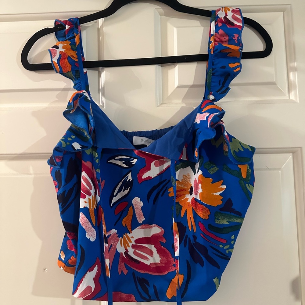 Sugarlips Floral Ruffle Blue Tank Top